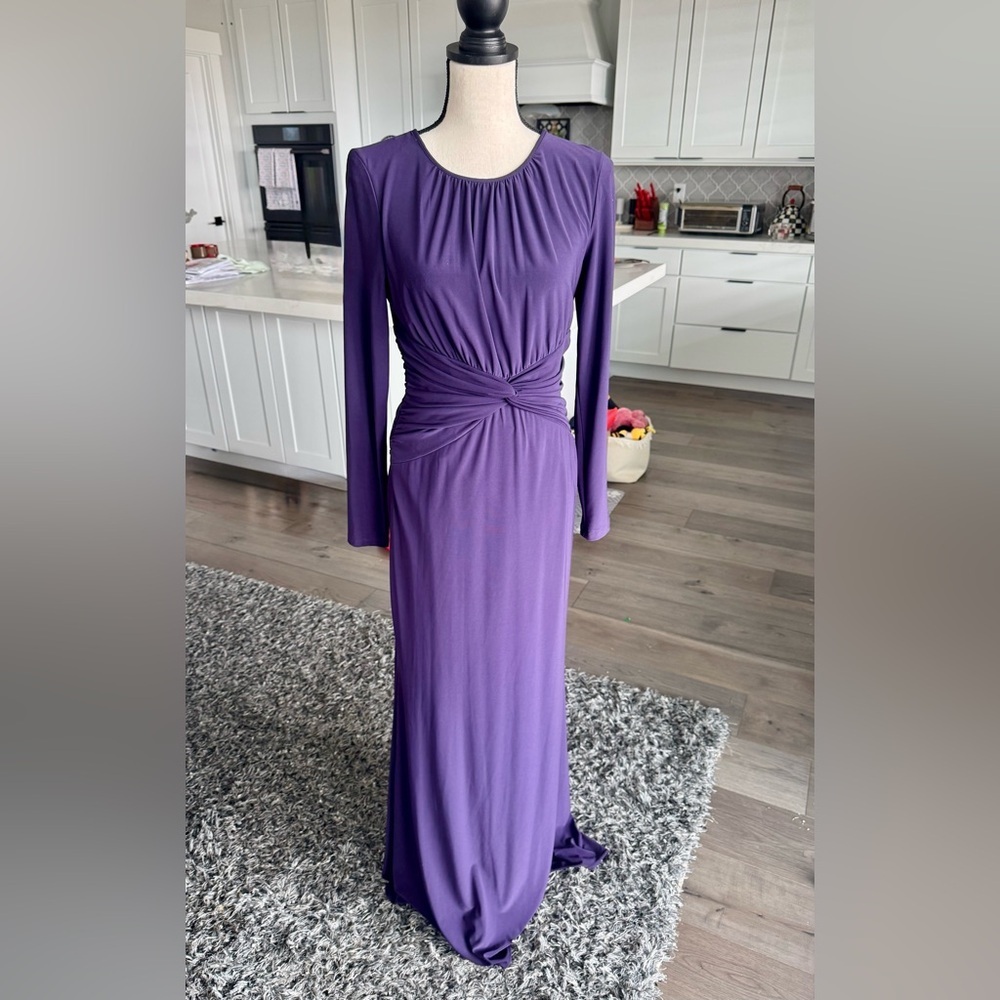 Adrianna Papell Plum Twist Waist Long Sleeve Gown 6